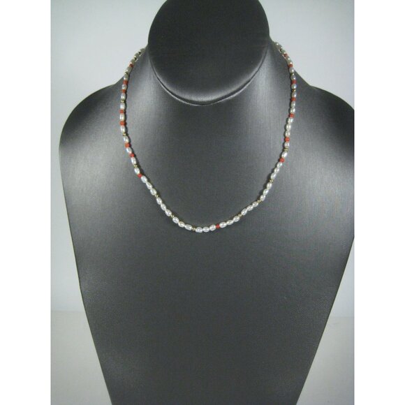 Freshwater Pearl Coral Delicate Gold Tone Bead Necklace 17 in Choker Minimalist - Picture 5 of 11
